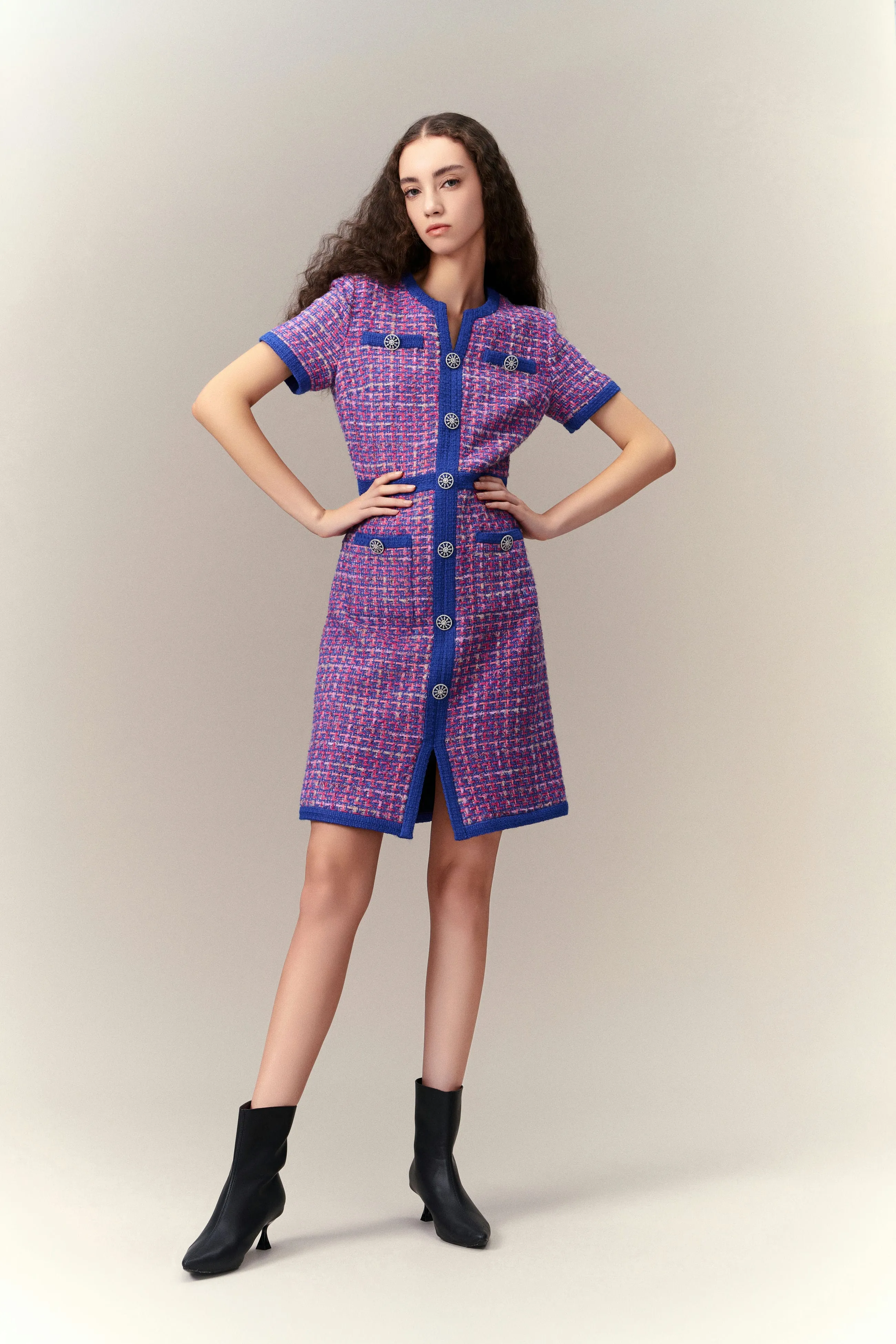 Primary Color Illusion Chunky Woven Tweed Dress
