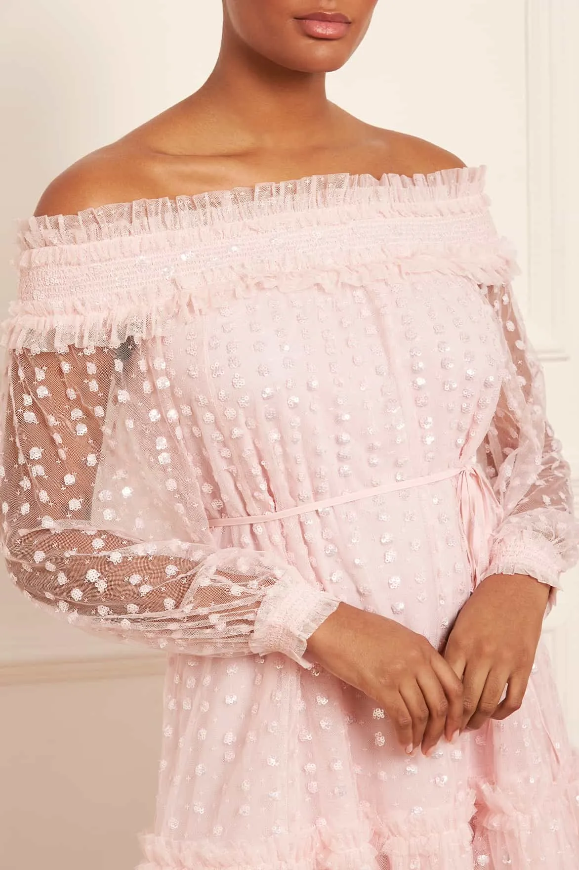 Raindrop Smocked Gloss Off-Shoulder Micro Mini Dress