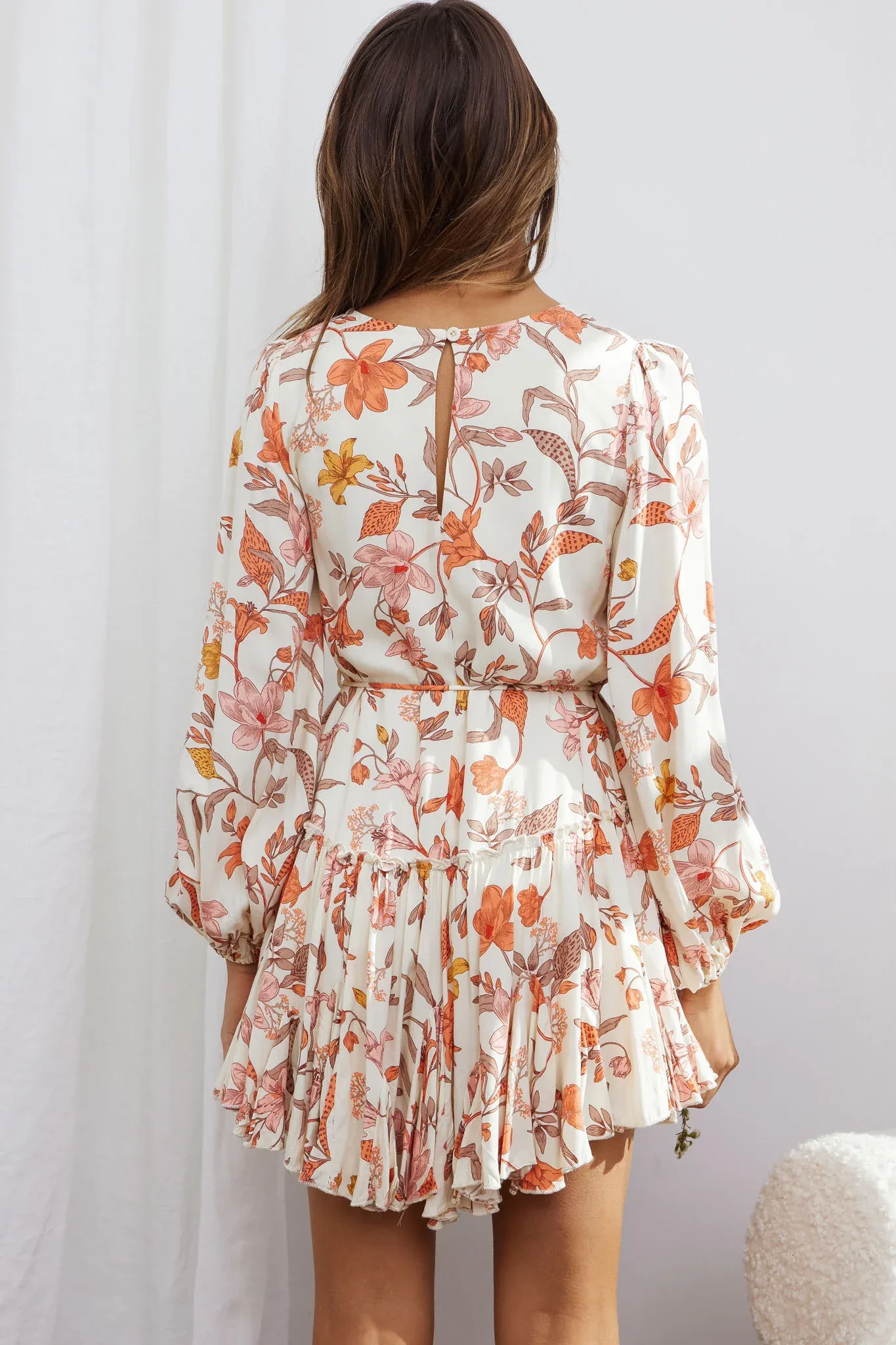 Rosabel Balloon Sleeve Fluted Hem Dress Vintage Floral Print Beige