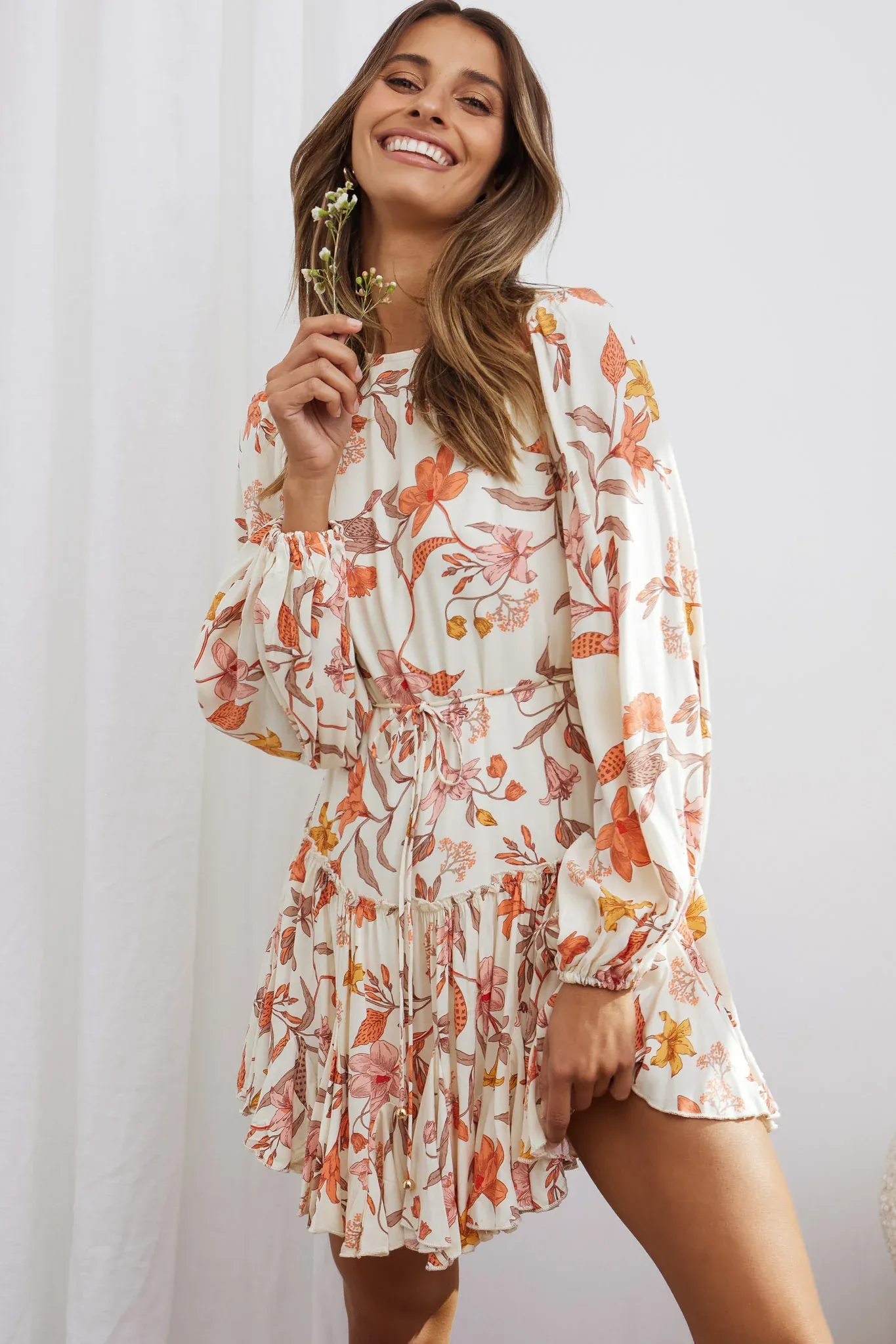 Rosabel Balloon Sleeve Fluted Hem Dress Vintage Floral Print Beige