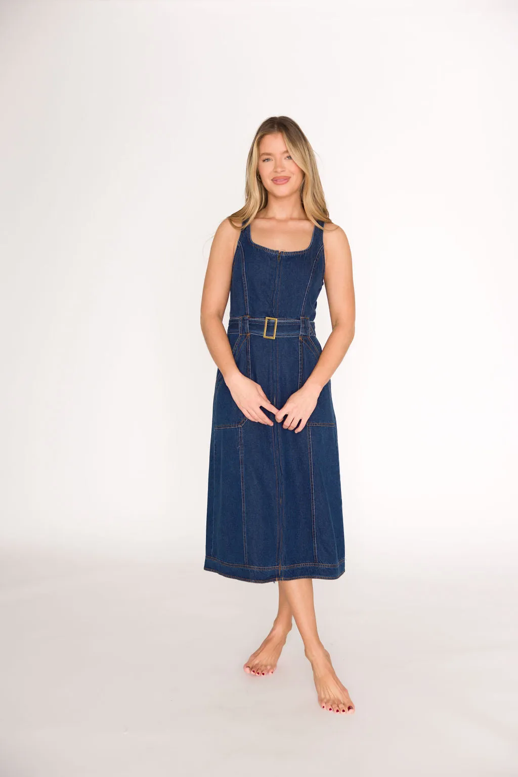 Samantha Belted Midi Dress in Denim