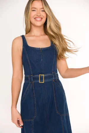 Samantha Belted Midi Dress in Denim