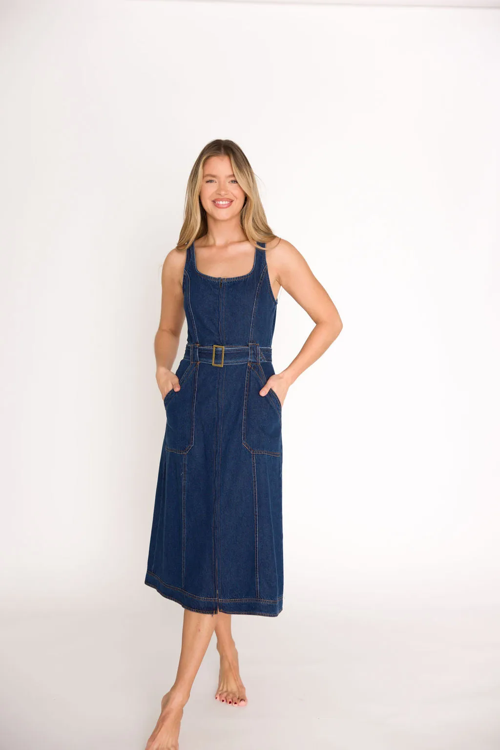 Samantha Belted Midi Dress in Denim