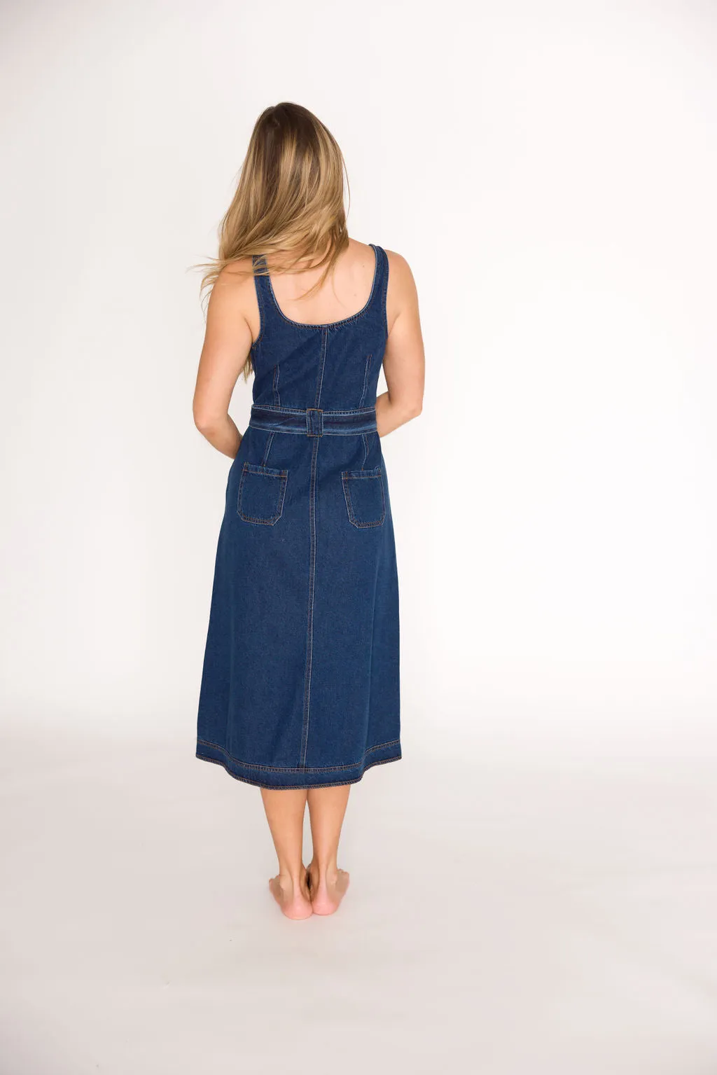 Samantha Belted Midi Dress in Denim