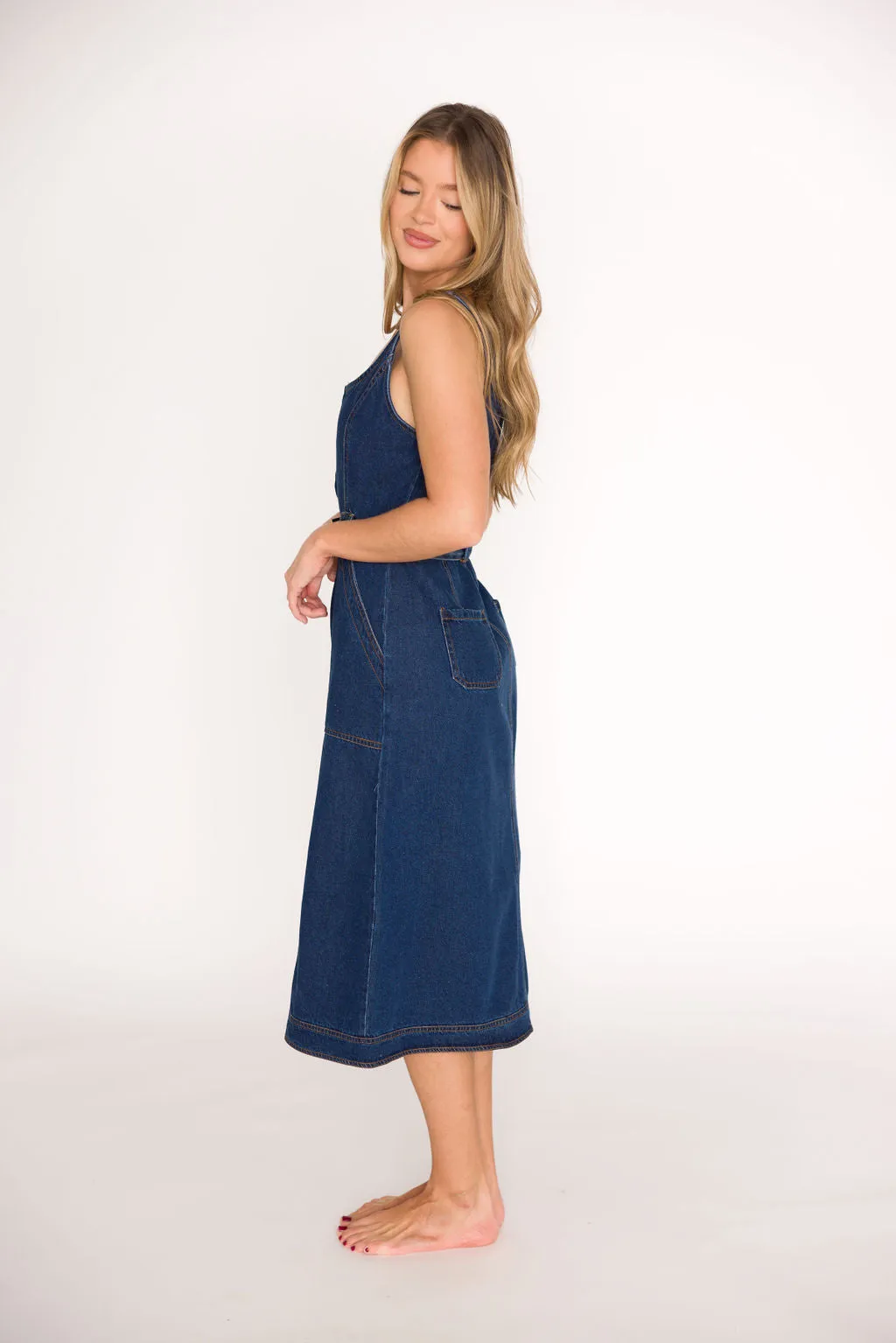 Samantha Belted Midi Dress in Denim