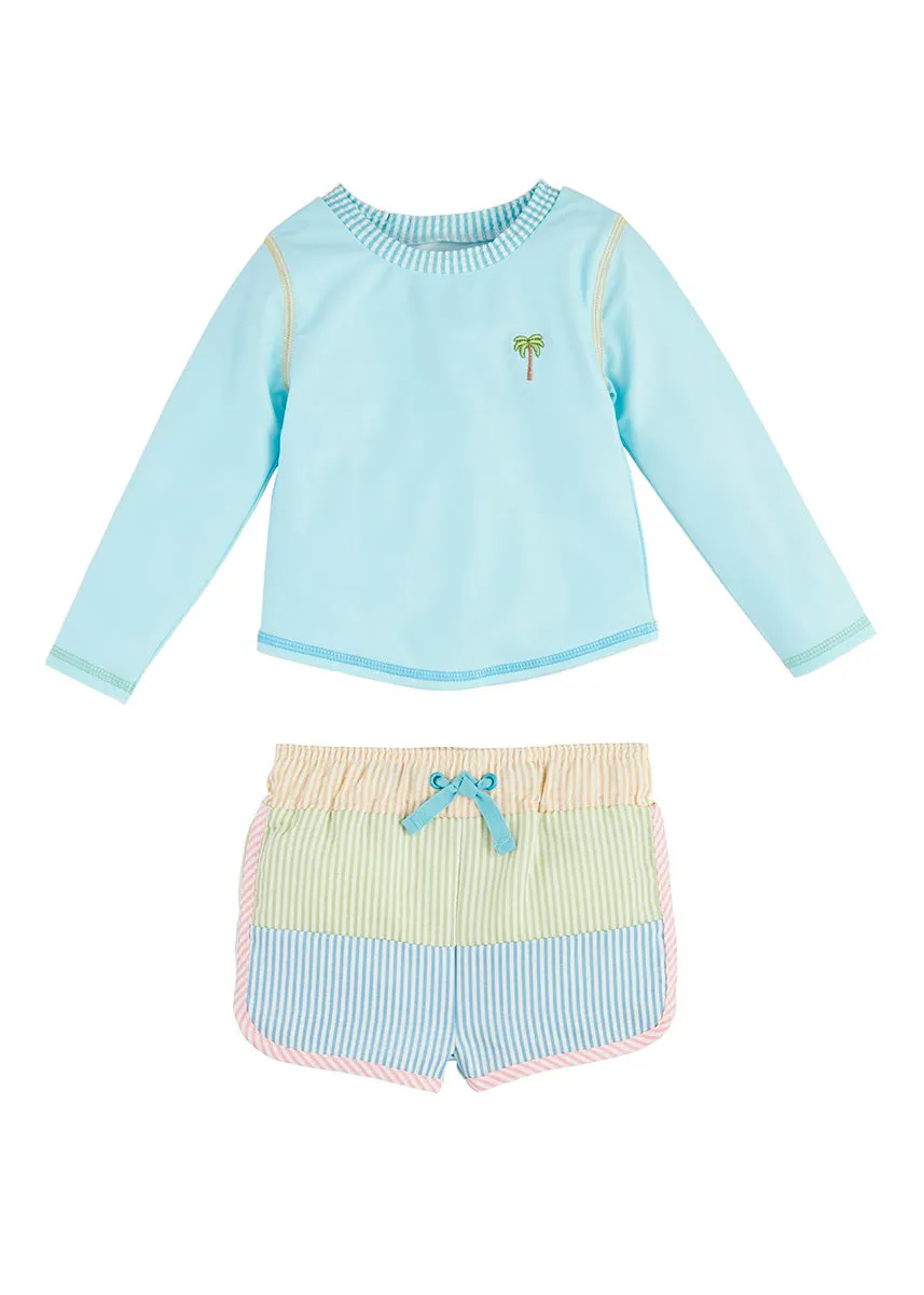 Seersucker Rash Guard & Swim Trunks Set