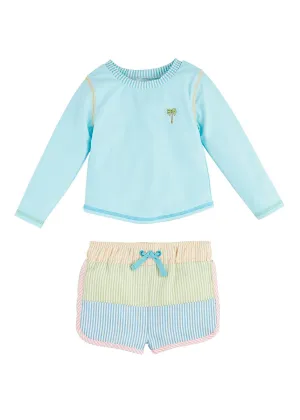 Seersucker Rash Guard & Swim Trunks Set