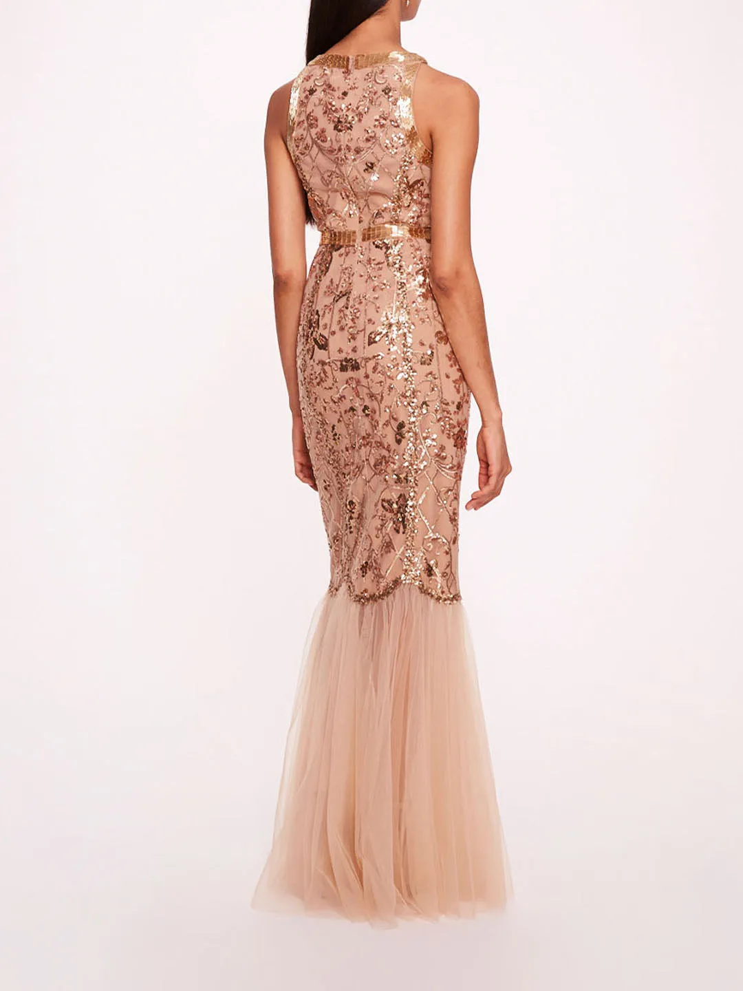 Sequin Lattice Strapless Gown