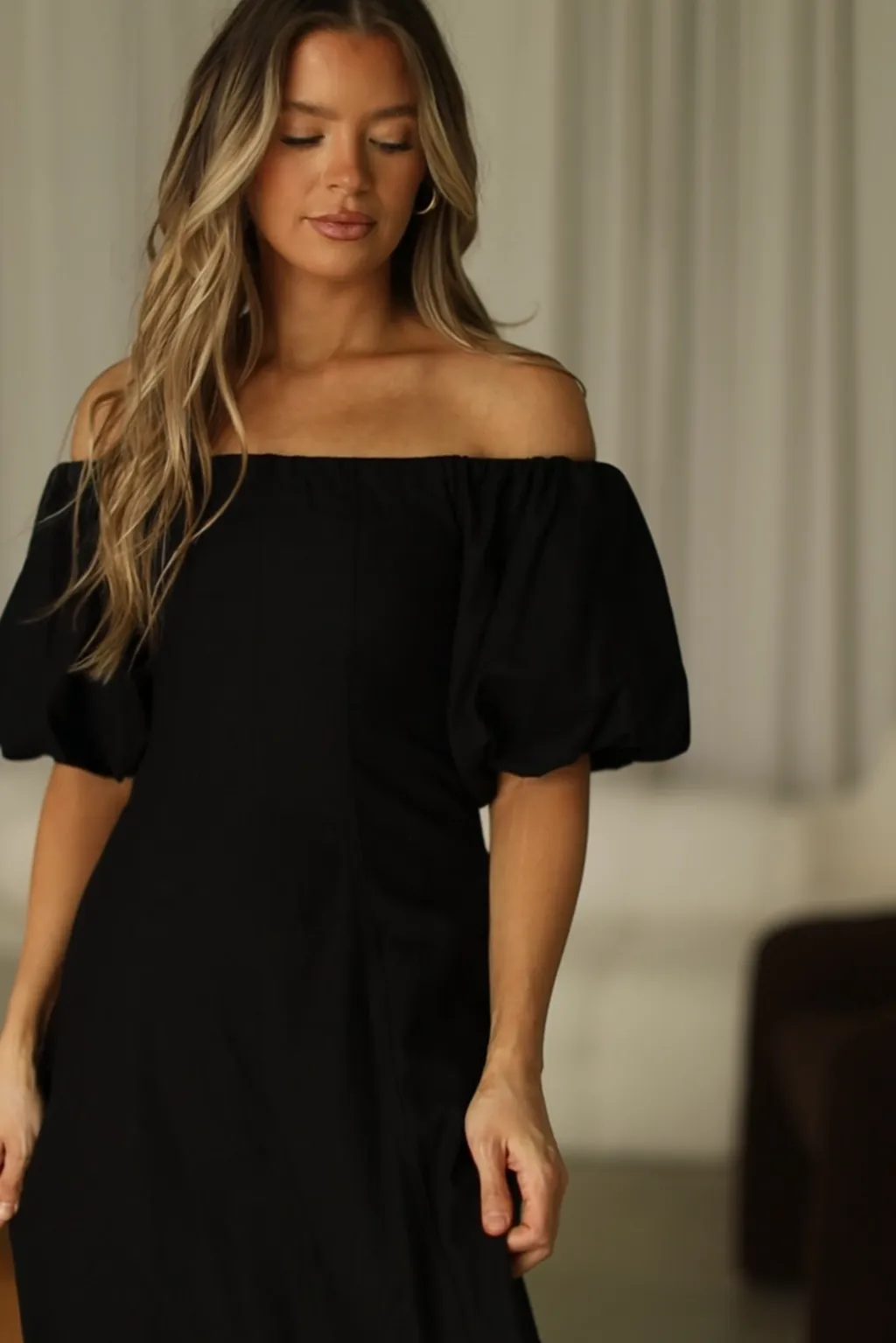 Serenity Off-The-Shoulder Midi Dress in Black