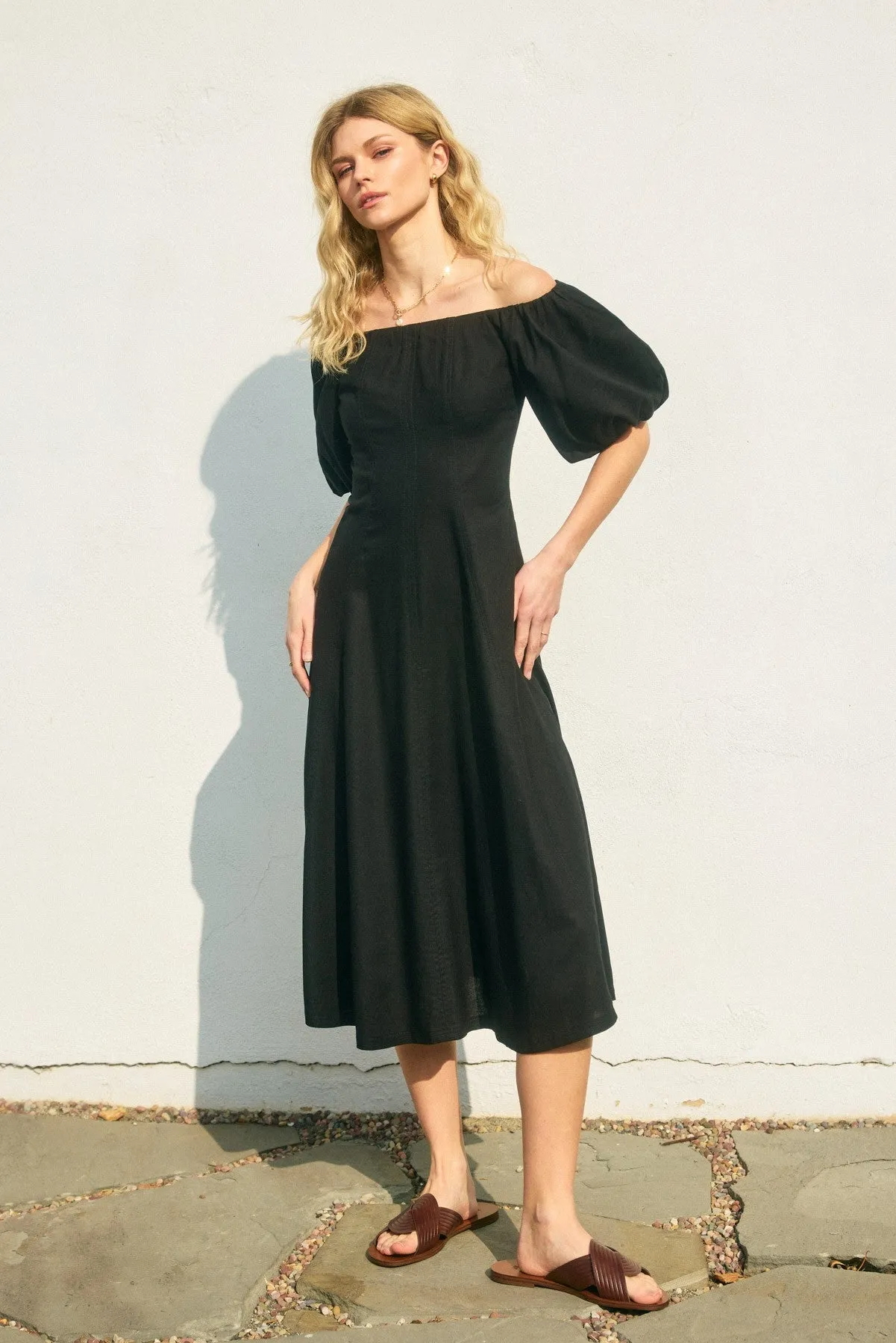 Serenity Off-The-Shoulder Midi Dress in Black