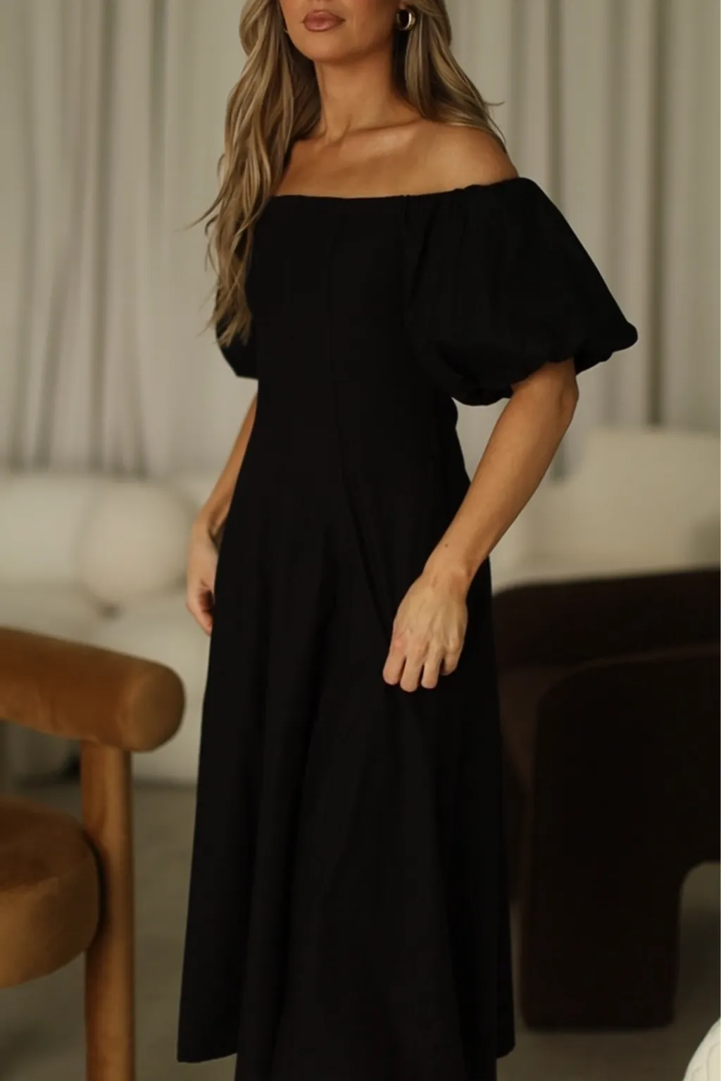 Serenity Off-The-Shoulder Midi Dress in Black