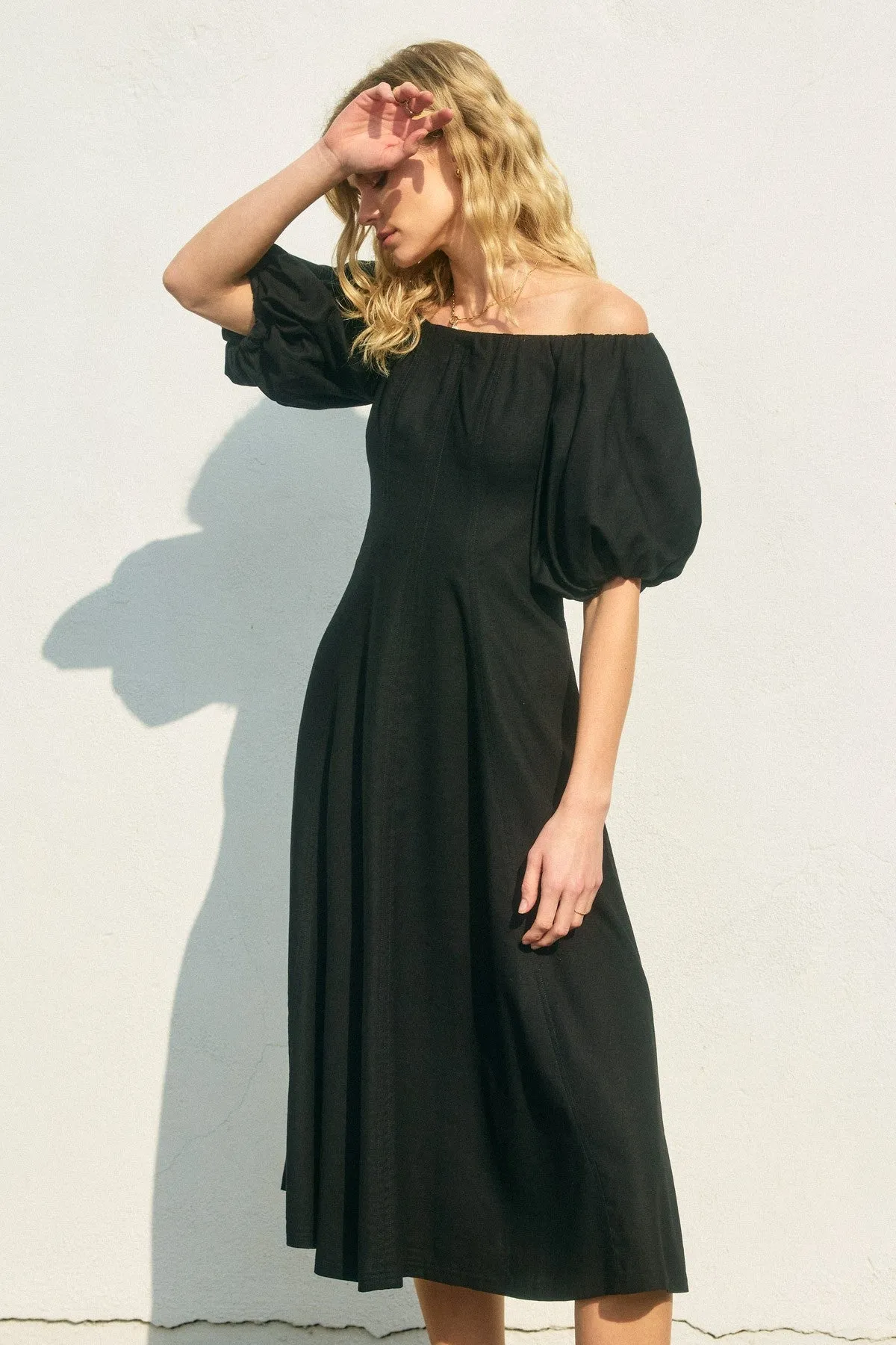 Serenity Off-The-Shoulder Midi Dress in Black
