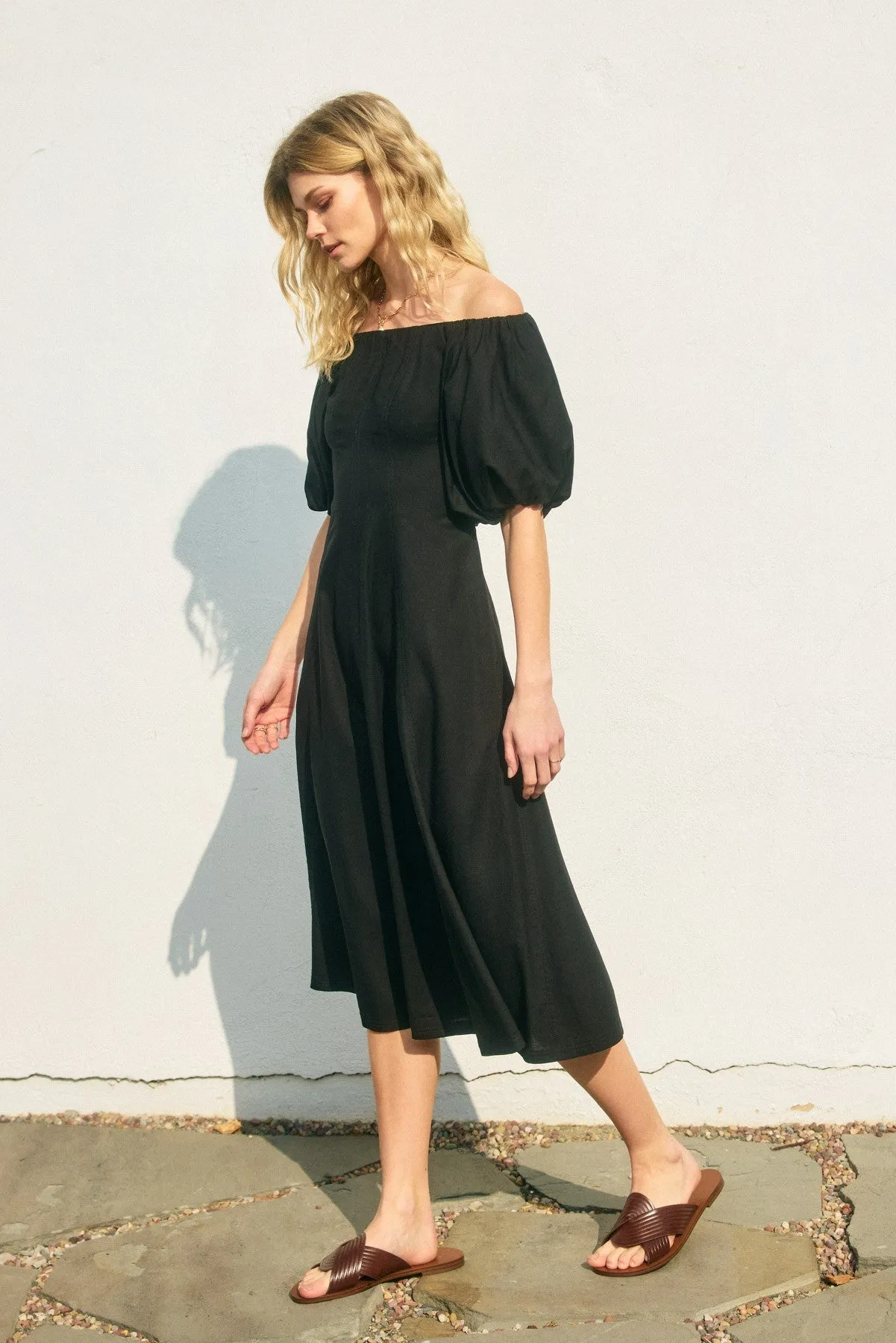 Serenity Off-The-Shoulder Midi Dress in Black