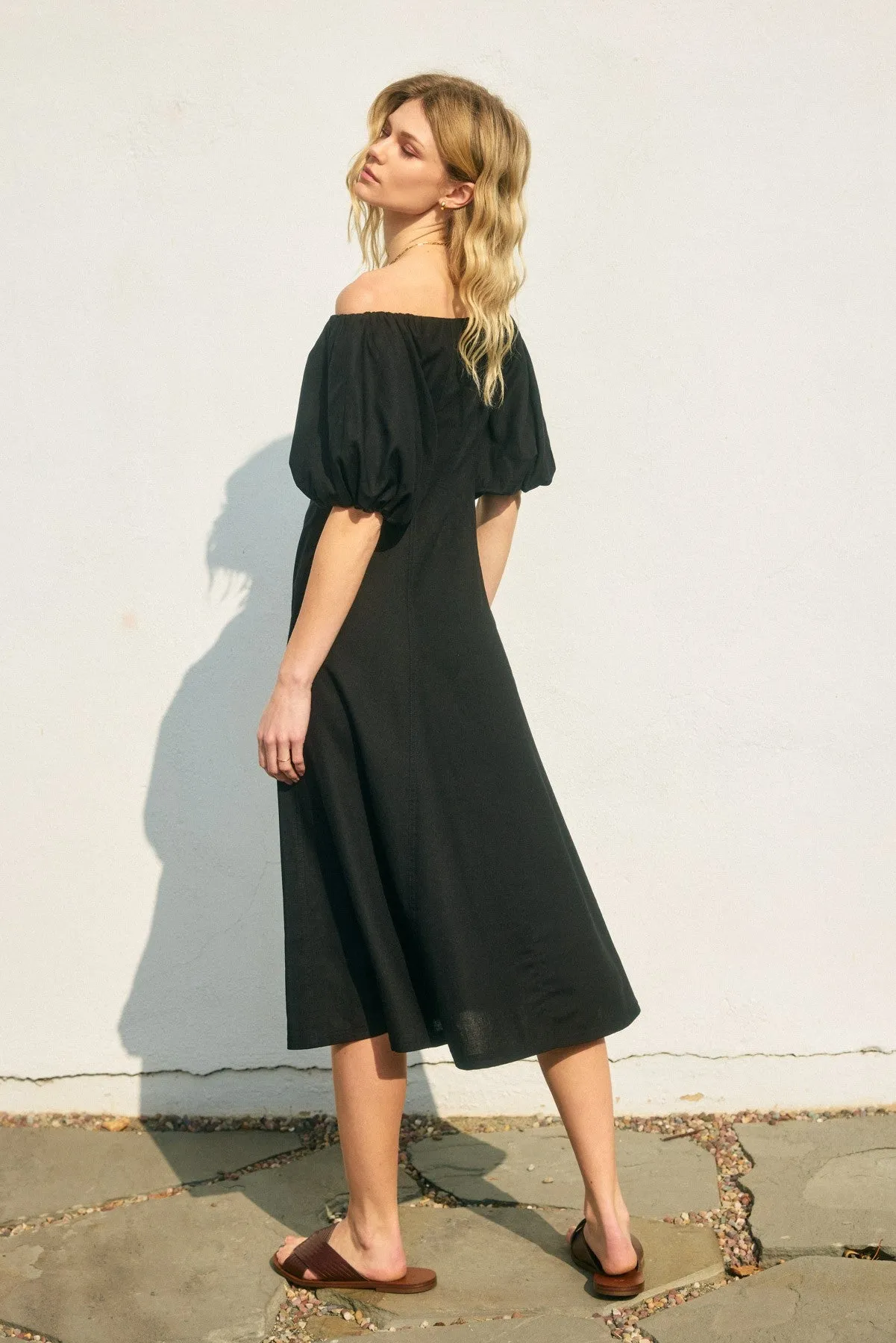 Serenity Off-The-Shoulder Midi Dress in Black