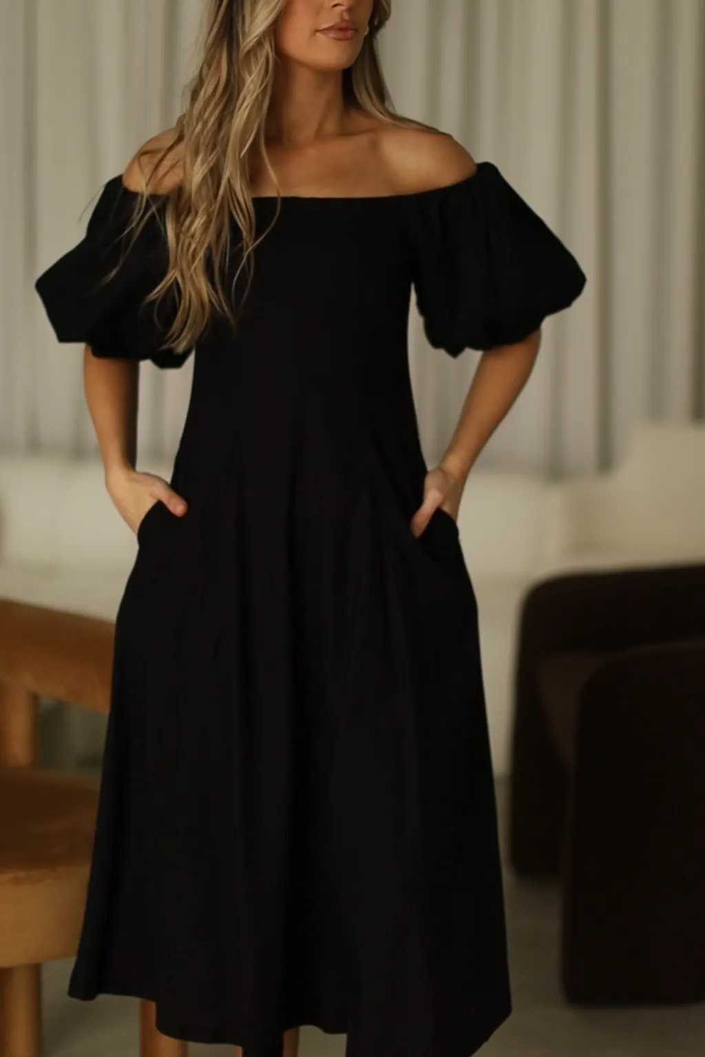 Serenity Off-The-Shoulder Midi Dress in Black