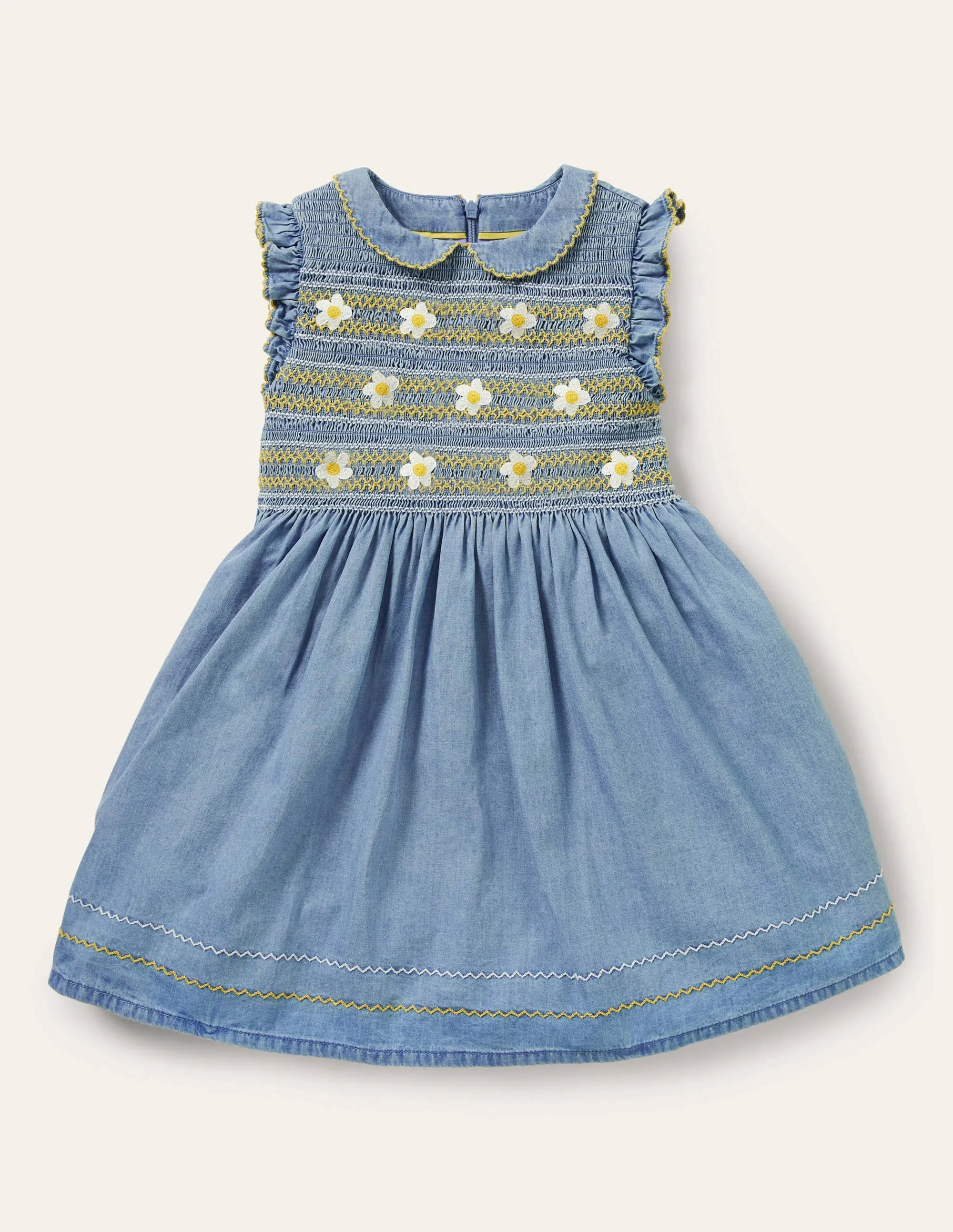 Smocked Woven Dress-Chambray