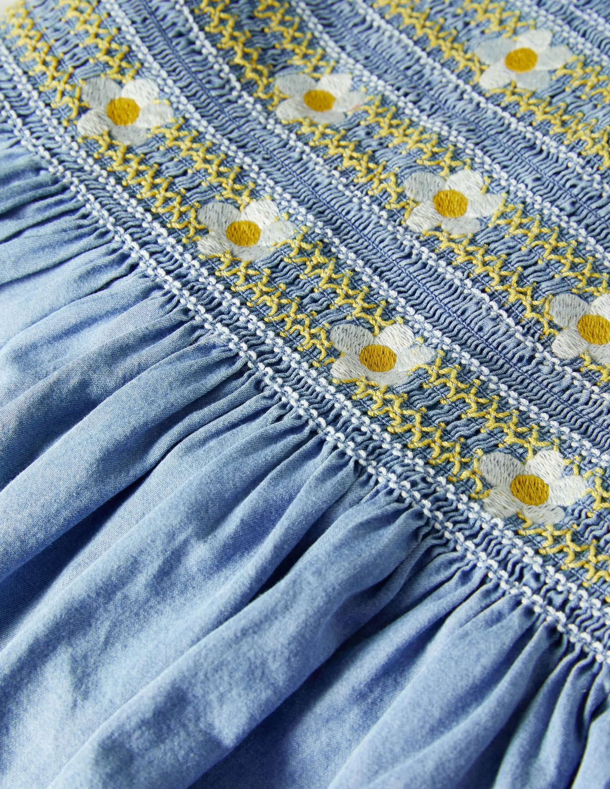 Smocked Woven Dress-Chambray