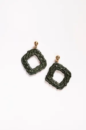 Square Raffia Earrings in Olive