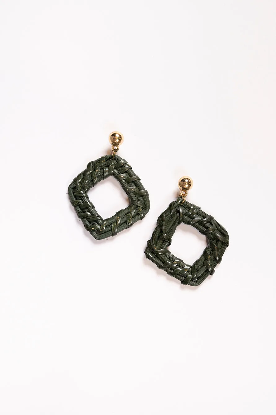 Square Raffia Earrings in Olive