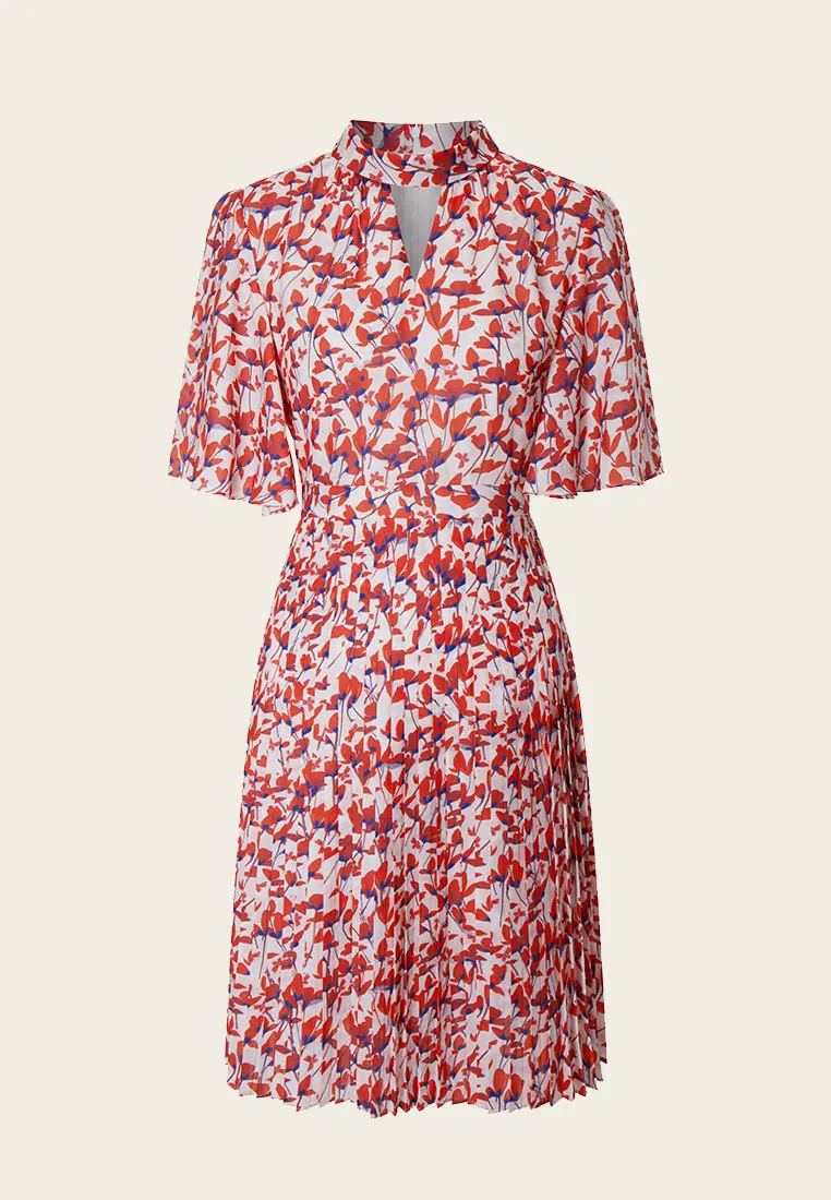 Stand Collar Cut-out Floral Pattern Mid-sleeve Dress
