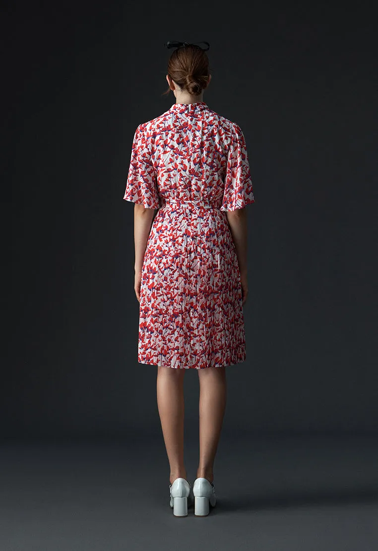 Stand Collar Cut-out Floral Pattern Mid-sleeve Dress