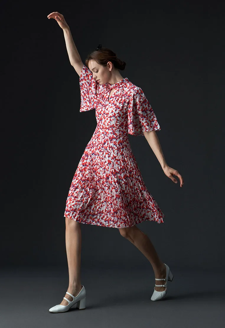 Stand Collar Cut-out Floral Pattern Mid-sleeve Dress