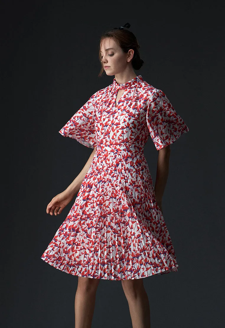 Stand Collar Cut-out Floral Pattern Mid-sleeve Dress