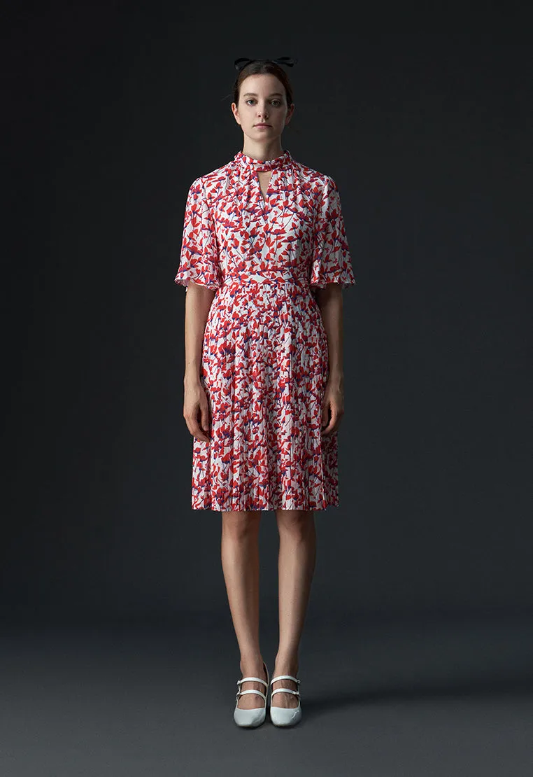 Stand Collar Cut-out Floral Pattern Mid-sleeve Dress