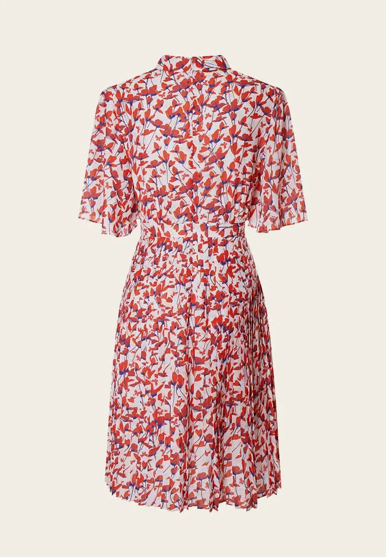 Stand Collar Cut-out Floral Pattern Mid-sleeve Dress