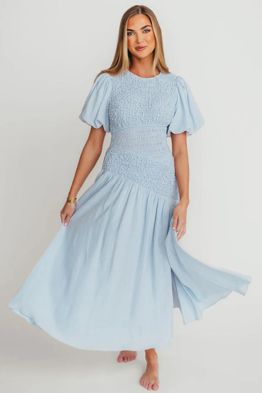 Theoni Asymmetrical Smocked Dress in Blue