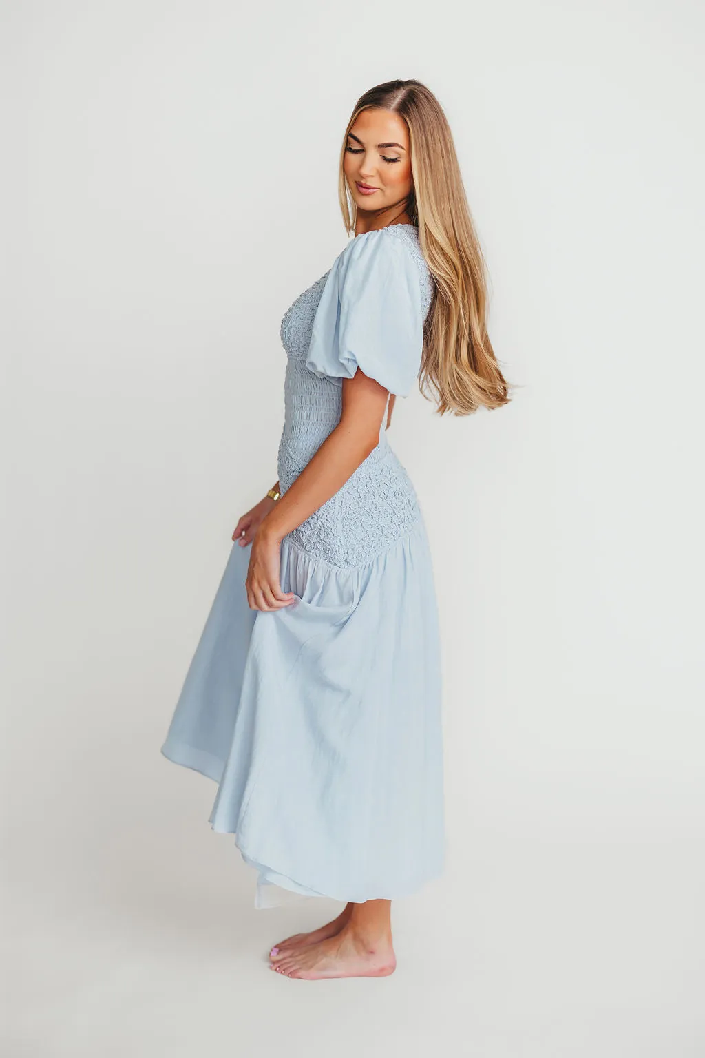 Theoni Asymmetrical Smocked Dress in Blue