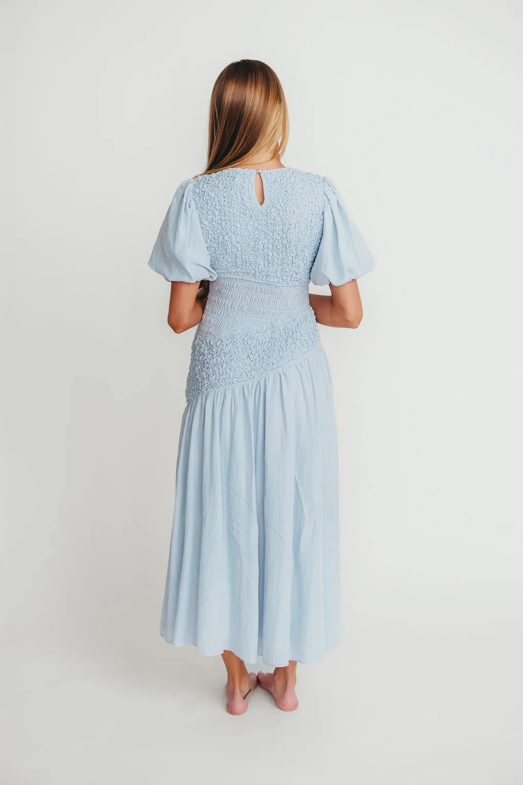 Theoni Asymmetrical Smocked Dress in Blue
