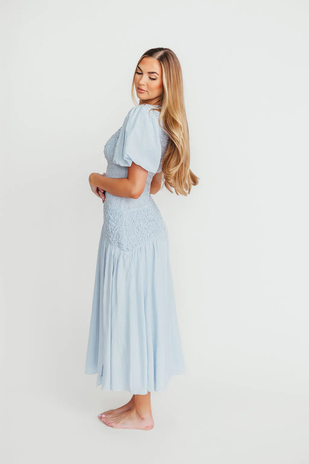 Theoni Asymmetrical Smocked Dress in Blue