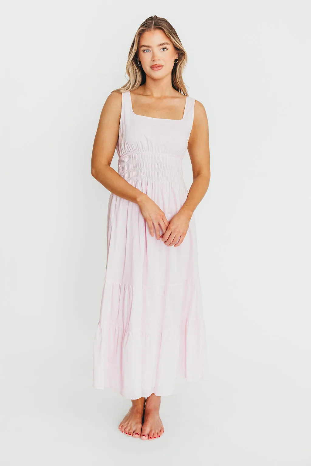 Victoria 100% Cotton Smocked Waist Midi Dress in Light Pink