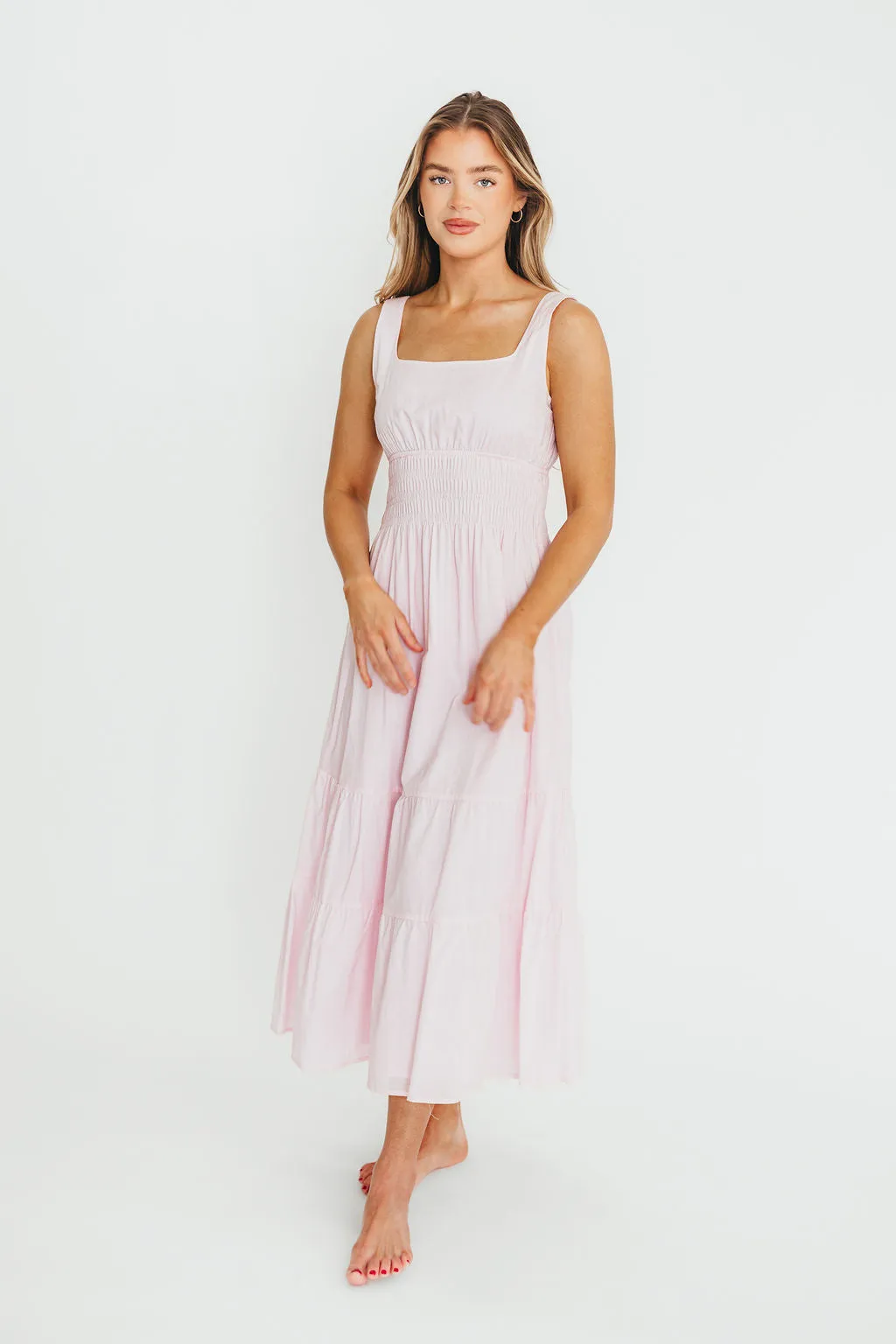 Victoria 100% Cotton Smocked Waist Midi Dress in Light Pink