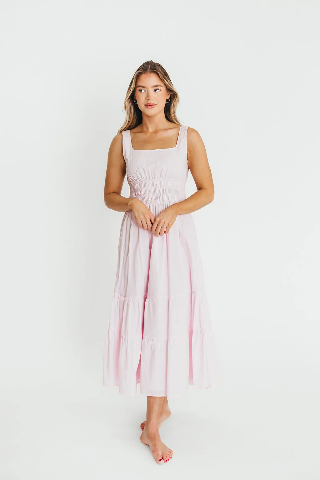 Victoria 100% Cotton Smocked Waist Midi Dress in Light Pink