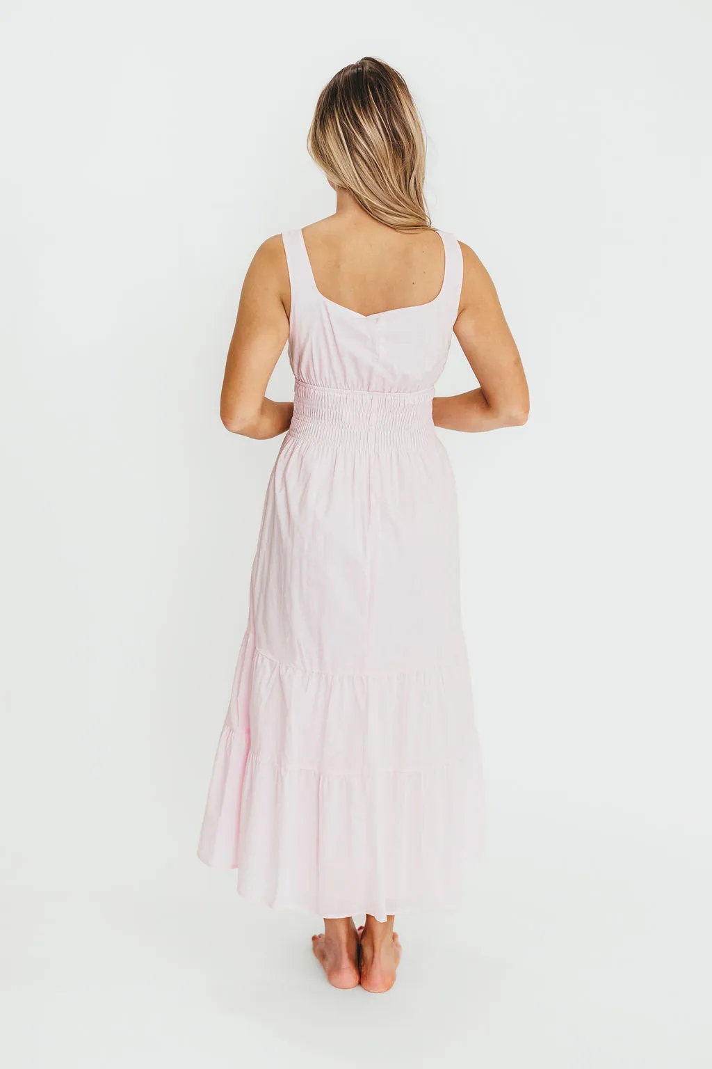 Victoria 100% Cotton Smocked Waist Midi Dress in Light Pink