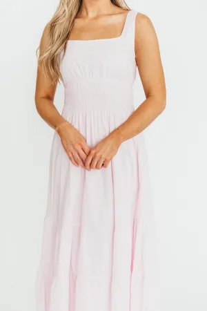 Victoria 100% Cotton Smocked Waist Midi Dress in Light Pink