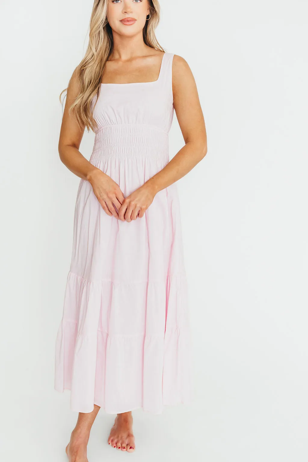 Victoria 100% Cotton Smocked Waist Midi Dress in Light Pink
