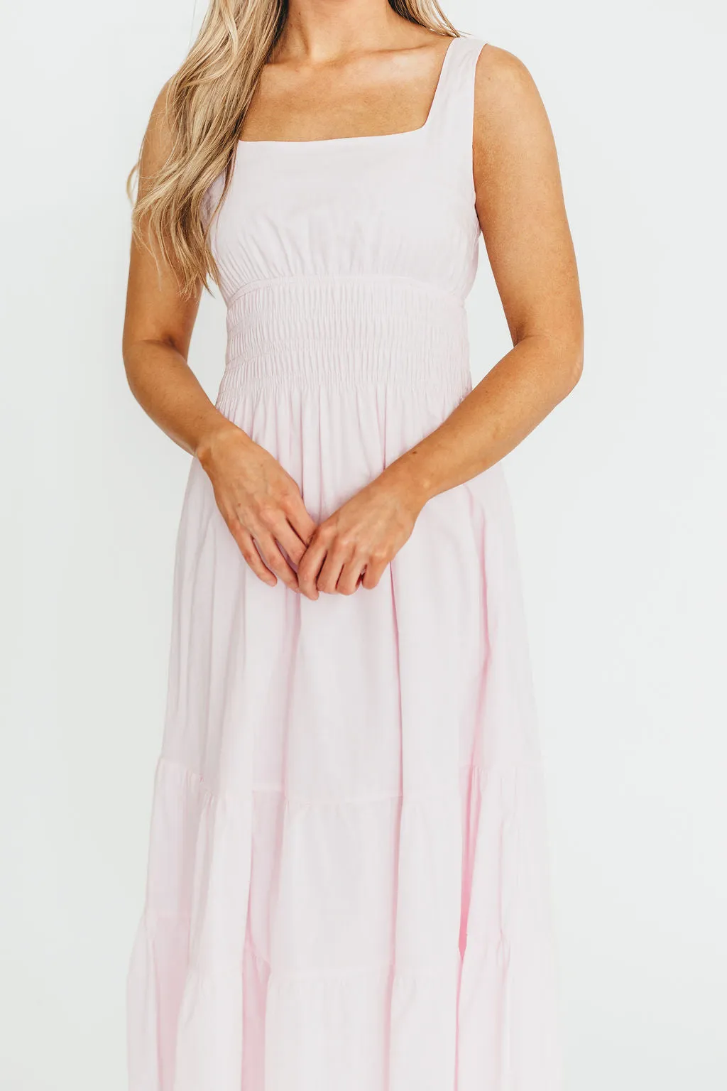 Victoria 100% Cotton Smocked Waist Midi Dress in Light Pink