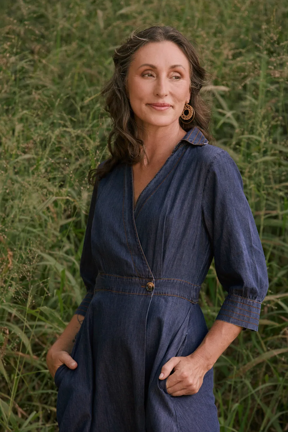 Wendy Chambray Wrap Dress in Dark Wash