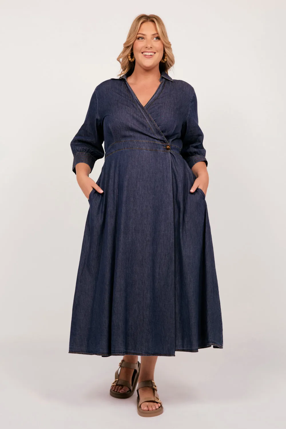 Wendy Chambray Wrap Dress in Dark Wash